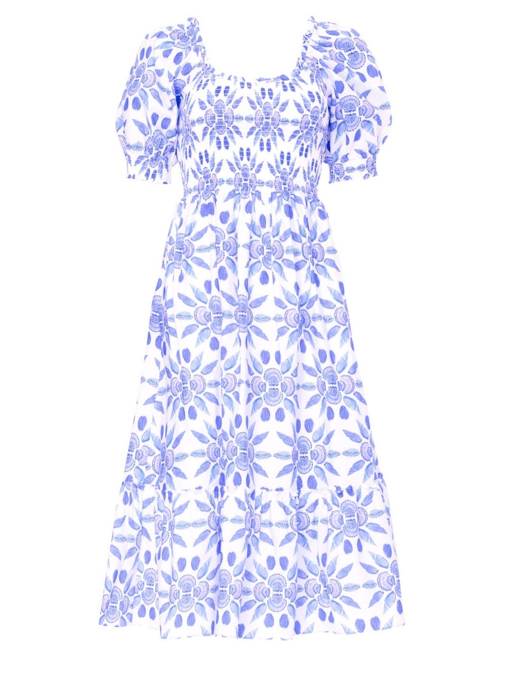 Hill House Blue Purple Shell Louisa Mosaic Floral Smocked Midi Dress Medium M 🐚